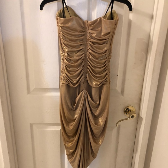 Shimmery gold Bebe strap less party dress - Picture 4 of 4